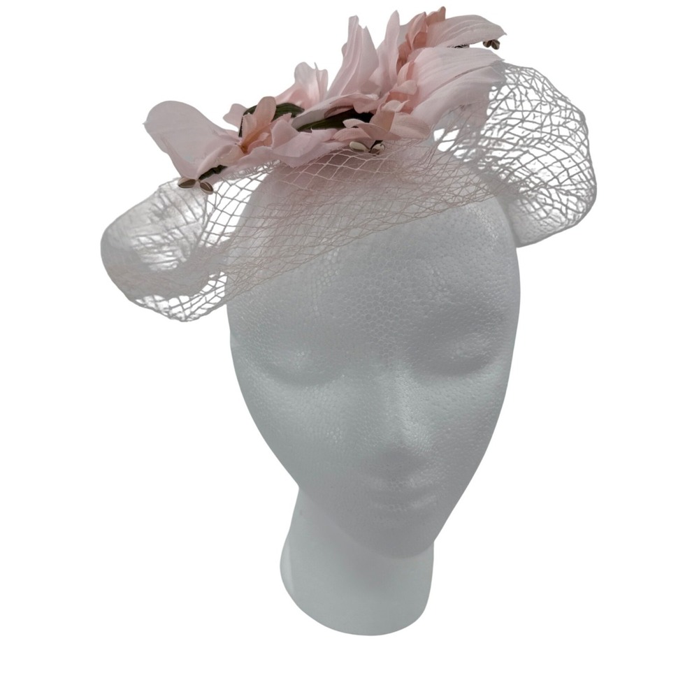 Vintage Union Made Pink Floral Fascinator Hat With Veil & Netting pin-up‎